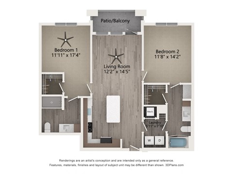 Floor plan for 2 beds, 2 baths, 1100 sqft